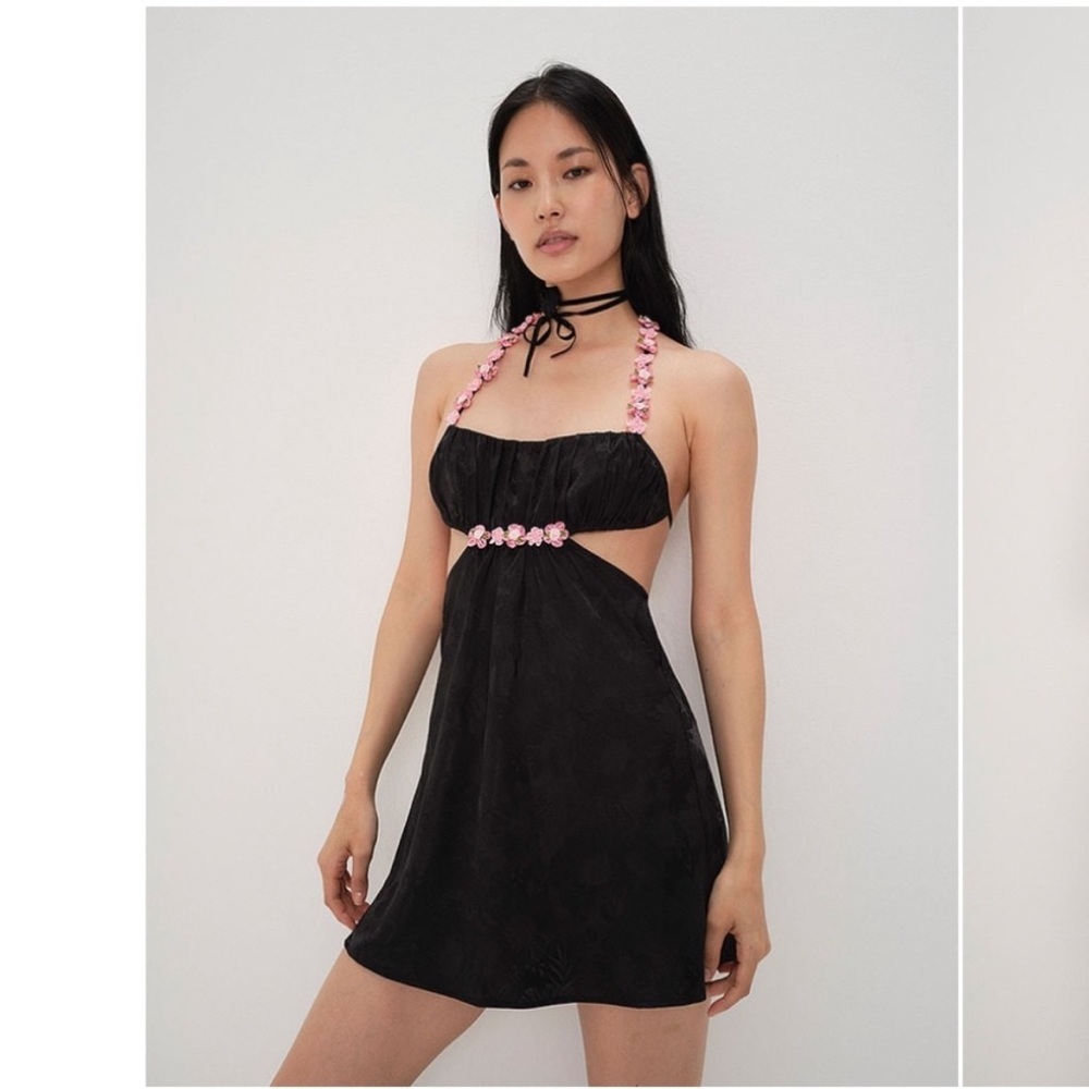 For Love And Lemons Black Mini Dress with Pink Floral Straps
